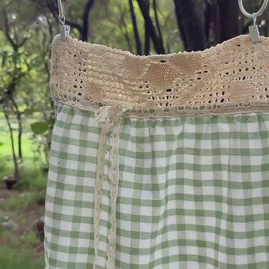 Green Gingham Crochet Cafe Curtains Valances with Lace, Farmhouse Country Kitchen Short Curtain, Cotton Linen Curtain, Custom Curtains Sizes