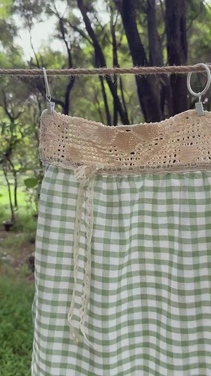 Green Gingham Crochet Cafe Curtains Valances with Lace, Farmhouse Country Kitchen Short Curtain, Cotton Linen Curtain, Custom Curtains Sizes