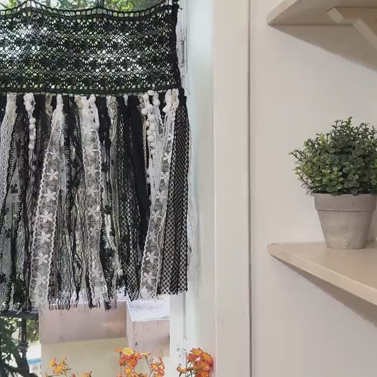 Hand Crochet Lace Valance, Rustic Shabby Chic Window Curtains Valance, Black White Gold Lace Valance, Farmhouse Country Kitchen Curtains