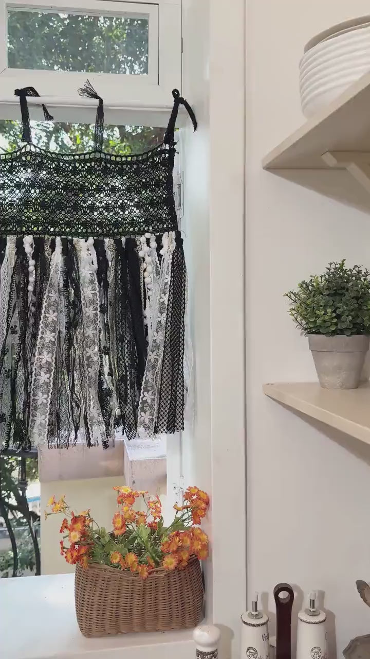 Hand Crochet Lace Valance, Rustic Shabby Chic Window Curtains Valance, Black White Gold Lace Valance, Farmhouse Country Kitchen Curtains