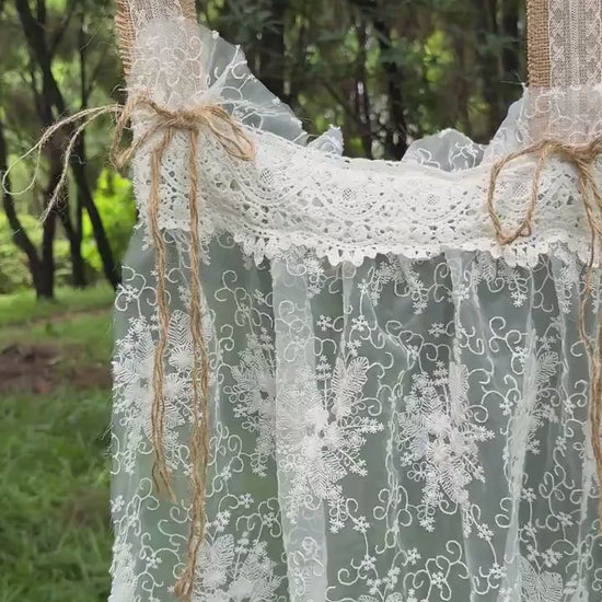 Rustic Shabby Chic Victorian Style Window Curtains Valance, French Country Style White Ruffled Lace Burlap Tab Top Valance, Kitchen Curtains