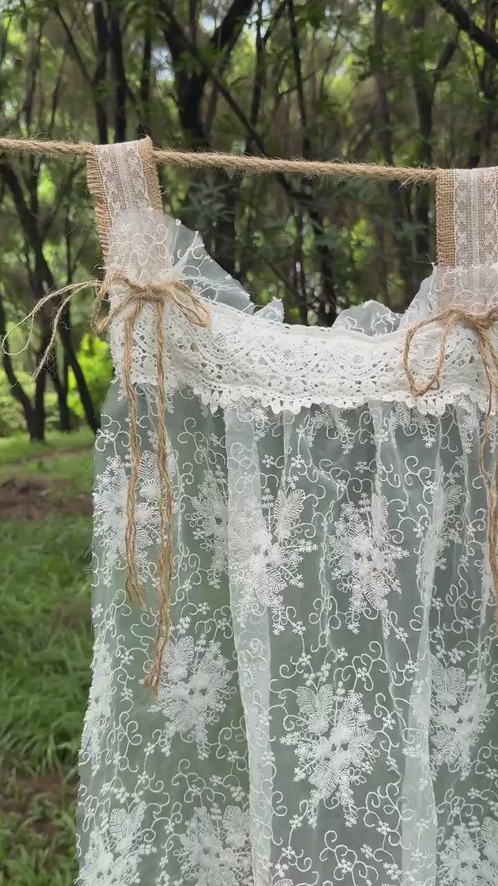 Rustic Shabby Chic Victorian Style Window Curtains Valance, French Country Style White Ruffled Lace Burlap Tab Top Valance, Kitchen Curtains