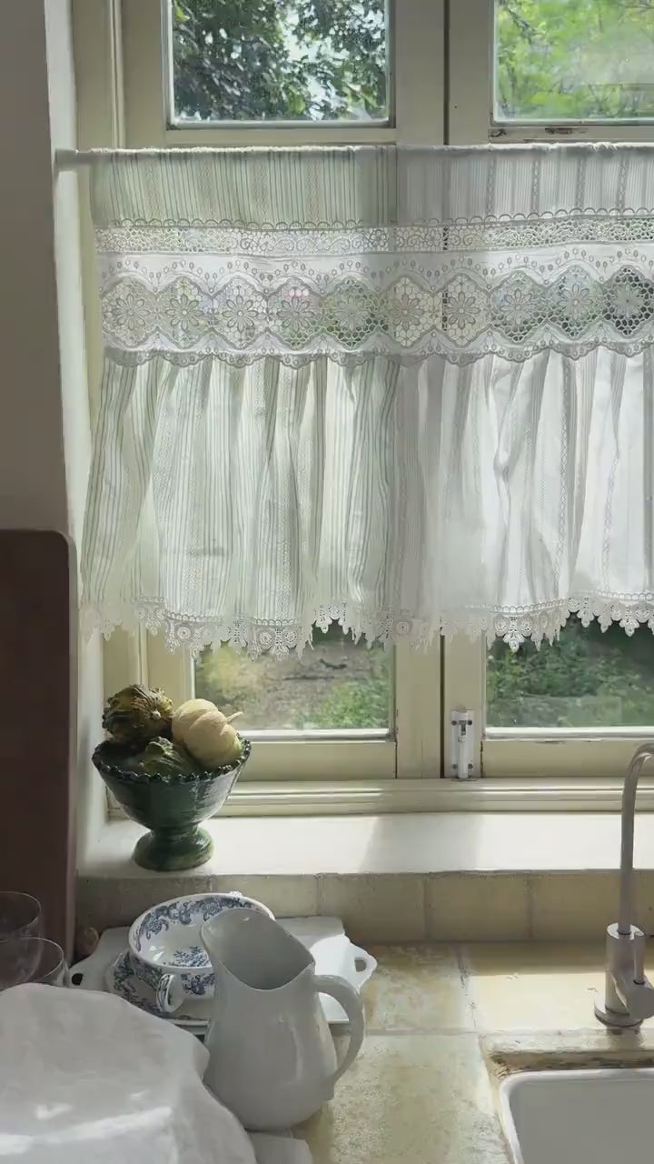 Unique Victorian Cottage Window Valance, Ruffled Lace Cotton Cafe Curtain, French Country White Embroidered Short Curtain, Farmhouse Decor