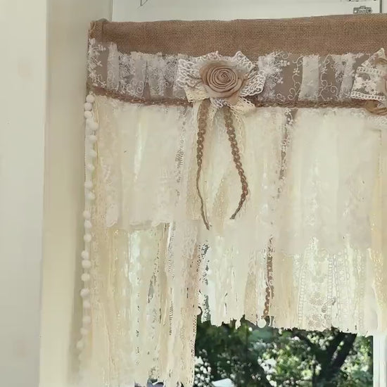Rustic Unique Burlap Beige ivory Lace Valance, Burlap Farmhouse Kitchen Swag Window Curtain, Shabby Burlap Beige Lace Curtain, Custom Sizes