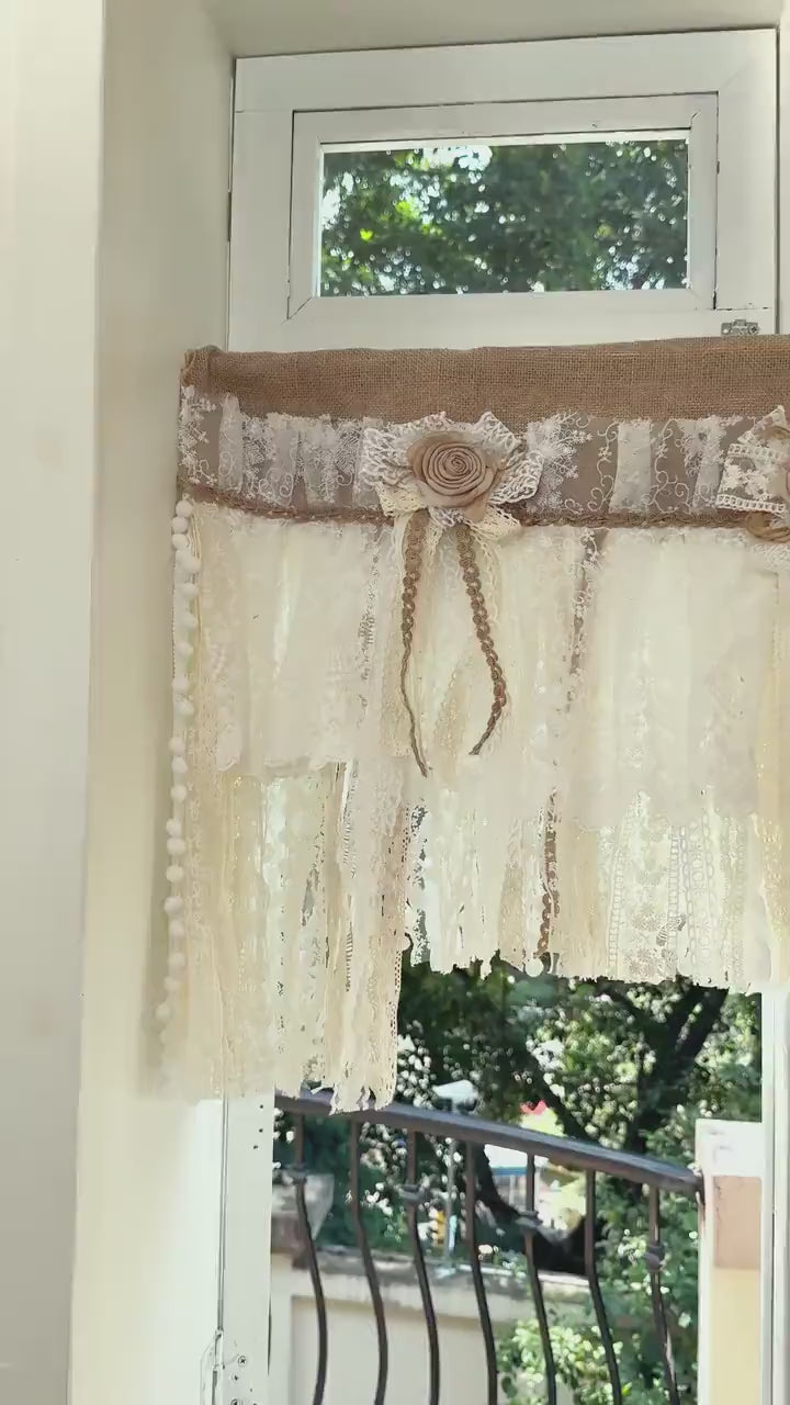 Rustic Unique Burlap Beige ivory Lace Valance, Burlap Farmhouse Kitchen Swag Window Curtain, Shabby Burlap Beige Lace Curtain, Custom Sizes