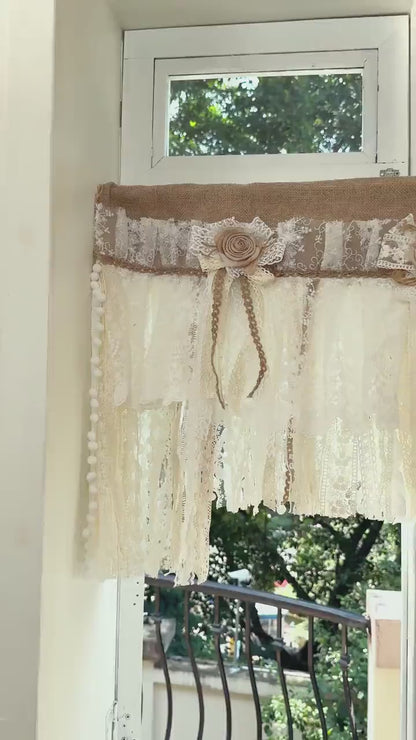 Rustic Unique Burlap Beige ivory Lace Valance, Burlap Farmhouse Kitchen Swag Window Curtain, Shabby Burlap Beige Lace Curtain, Custom Sizes