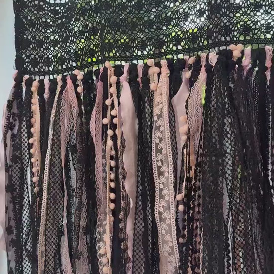 Hand Crochet Lace Valance, Black & Pink Curtain, Gothic Boho Tie-Top Window Privacy,Cafe Curtain, Farmhouse Kitchen Curtains,H-25inch (63cm)