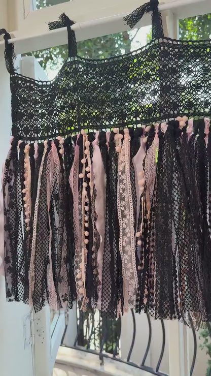 Hand Crochet Lace Valance, Black & Pink Curtain, Gothic Boho Tie-Top Window Privacy,Cafe Curtain, Farmhouse Kitchen Curtains,H-25inch (63cm)