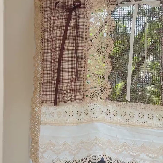 Boho Shabby Cottage Rustic Farmhouse Vintage Lace Fringed Curtain Valance,Brown Backdrop Decor,Hollow Floral Patchwork Curtain,H-25in (65cm)