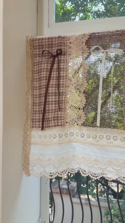 Boho Shabby Cottage Rustic Farmhouse Vintage Lace Fringed Curtain Valance,Brown Backdrop Decor,Hollow Floral Patchwork Curtain,H-25in (65cm)