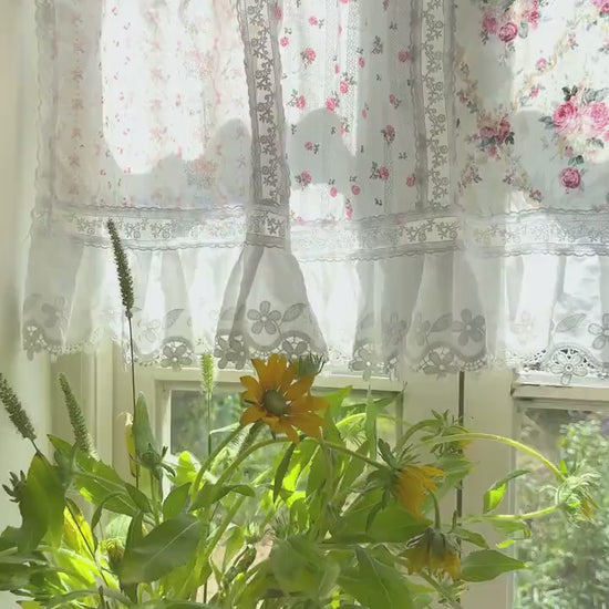 Victorian Cottage Patchwork Cafe Curtains with Floral Embroidery and Lace Decor, Farmhouse Country Kitchen Living Room Valance, Custom Sizes