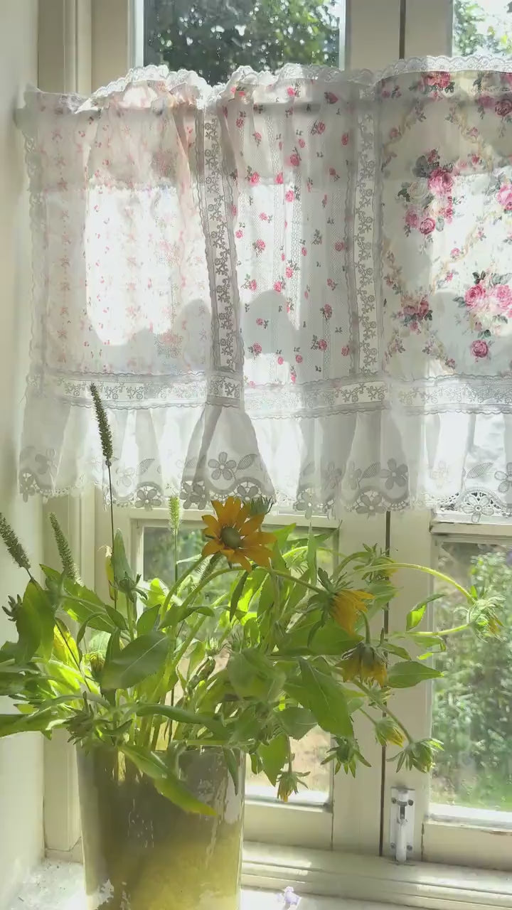 Victorian Cottage Patchwork Cafe Curtains with Floral Embroidery and Lace Decor, Farmhouse Country Kitchen Living Room Valance, Custom Sizes