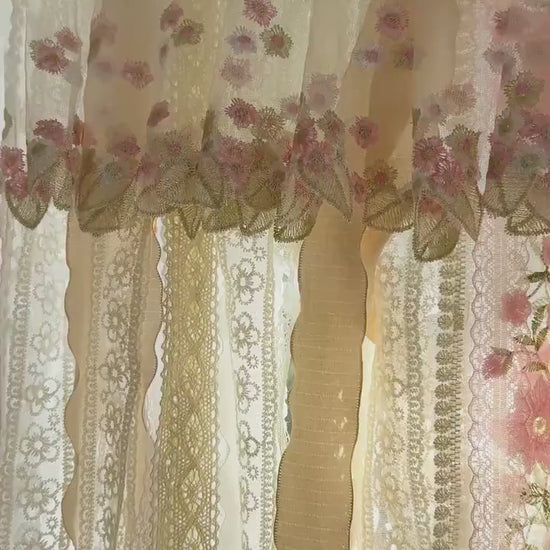 Rustic Shabby Chic Boho Window Curtain Valance, Light Pink Embroidery Rose Lace Valance, Farmhouse Country Kitchen Curtains, H-25inch (63cm)