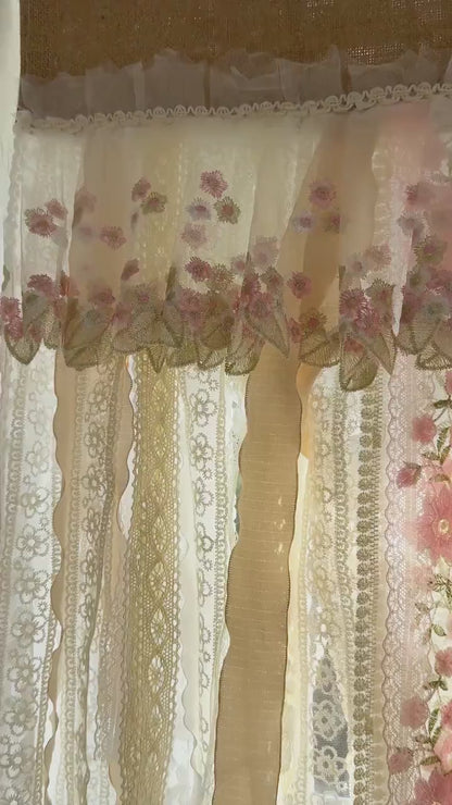 Rustic Shabby Chic Boho Window Curtain Valance, Light Pink Embroidery Rose Lace Valance, Farmhouse Country Kitchen Curtains, H-25inch (63cm)