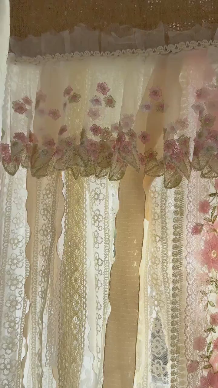 Rustic Shabby Chic Boho Window Curtain Valance, Light Pink Embroidery Rose Lace Valance, Farmhouse Country Kitchen Curtains, H-25inch (63cm)