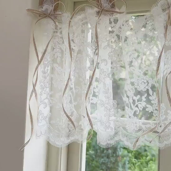 Handmade Cottage Farmhouse White Ruffled Lace Valance Burlap Tab Top Bows,Shabby Chic Rustic Window Curtain Topper,Boho Accent,H-16in (40cm)