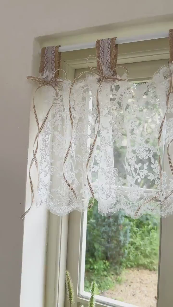 Handmade Cottage Farmhouse White Ruffled Lace Valance Burlap Tab Top Bows,Shabby Chic Rustic Window Curtain Topper,Boho Accent,H-16in (40cm)