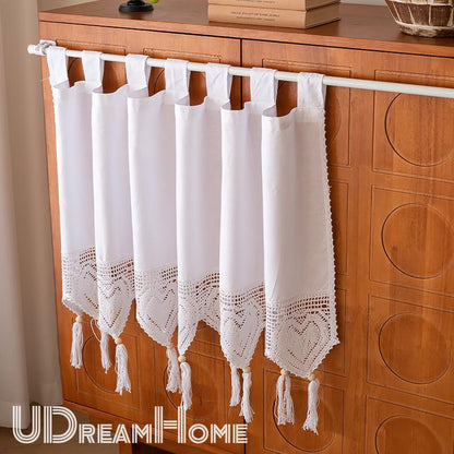 Pure White Cotton Hanging Strap Short Curtains - UDreamHome