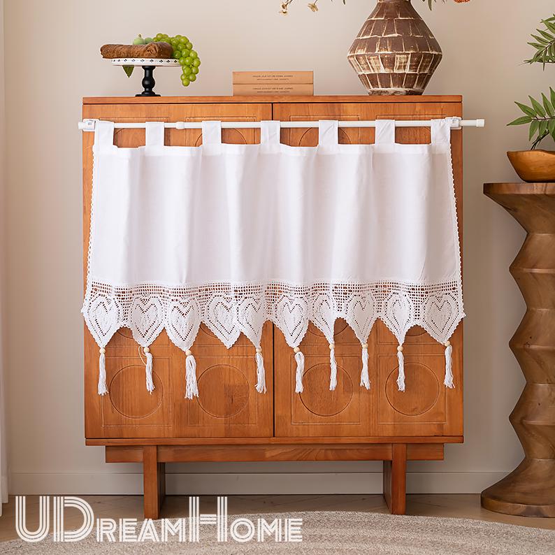 Pure White Cotton Hanging Strap Short Curtains - UDreamHome