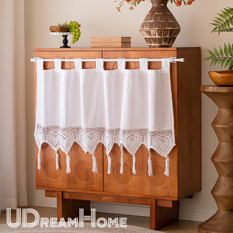 Pure White Cotton Hanging Strap Short Curtains - UDreamHome