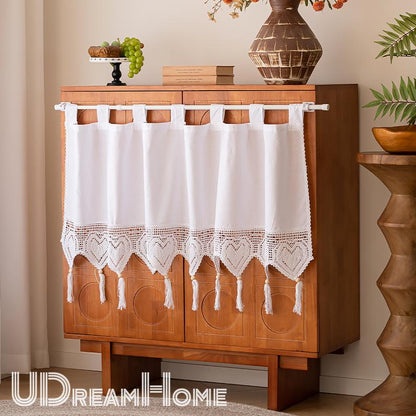 Pure White Cotton Hanging Strap Short Curtains - UDreamHome