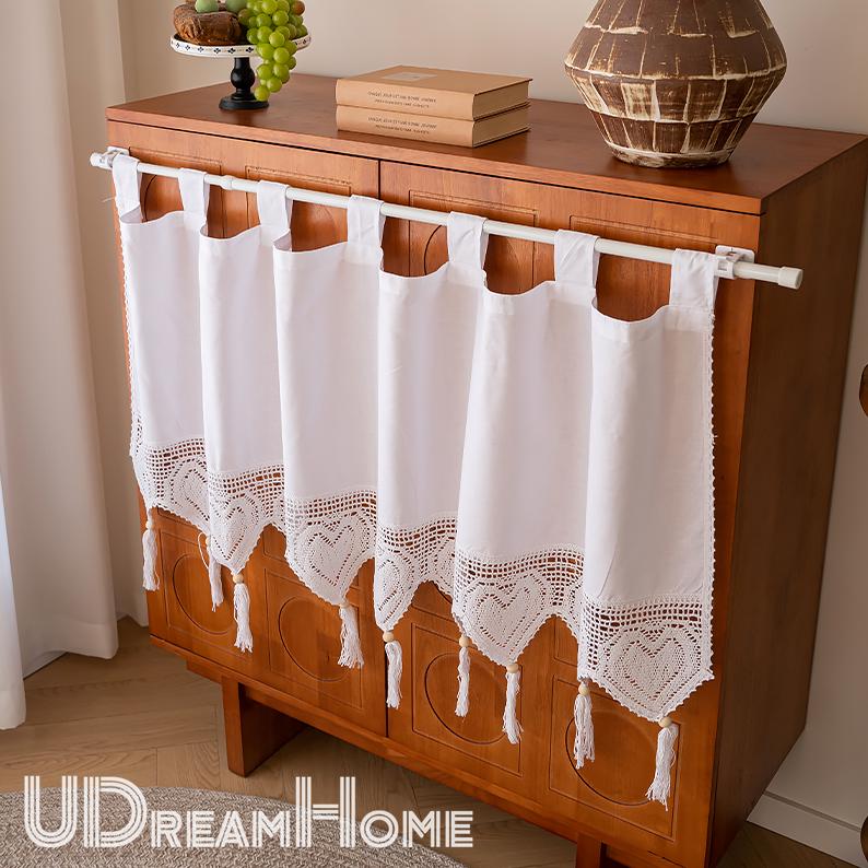 Pure White Cotton Hanging Strap Short Curtains - UDreamHome
