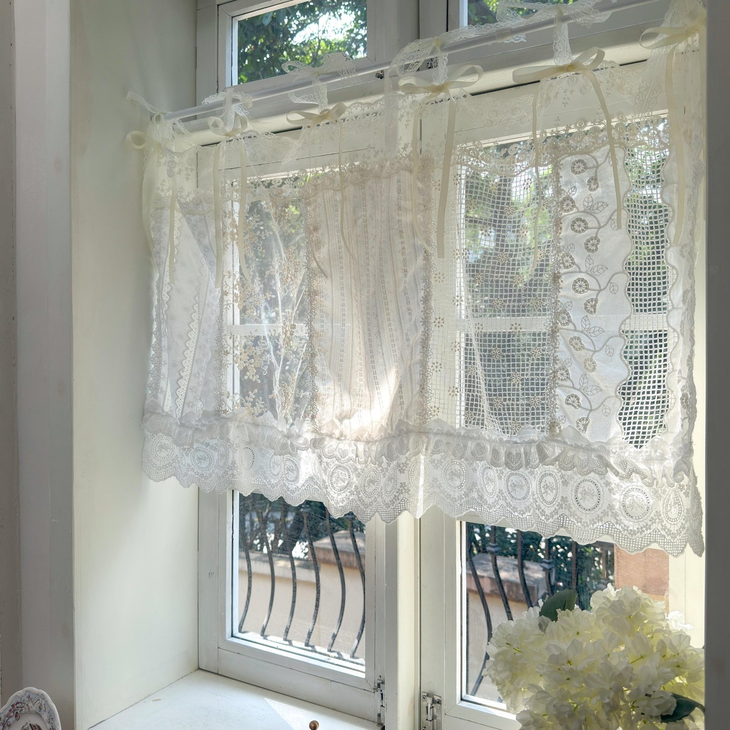 Romantic White Ivory Begie Patchwork Flowers Lace Curtain - UDreamHome
