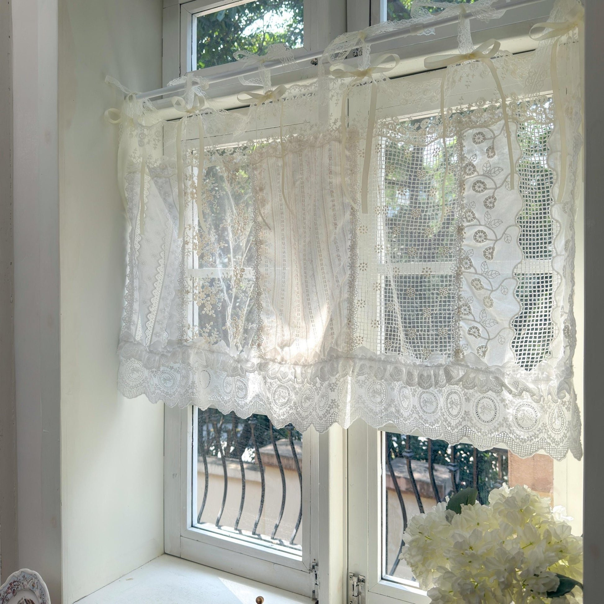 Romantic White Ivory Begie Patchwork Flowers Lace Curtain - UDreamHome