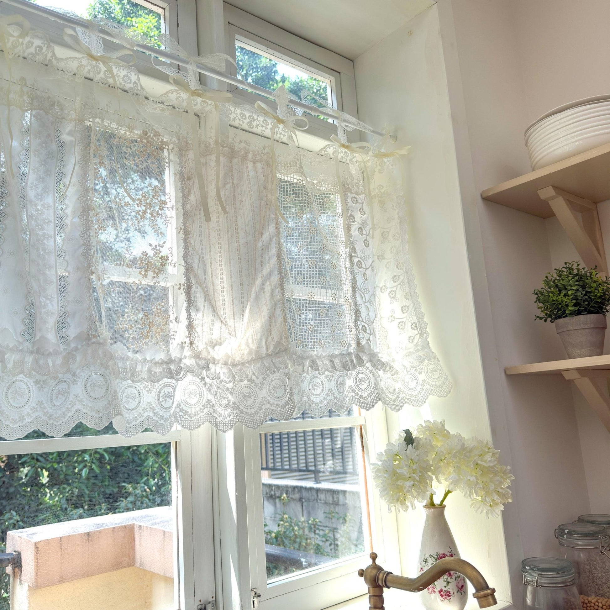 Romantic White Ivory Begie Patchwork Flowers Lace Curtain - UDreamHome