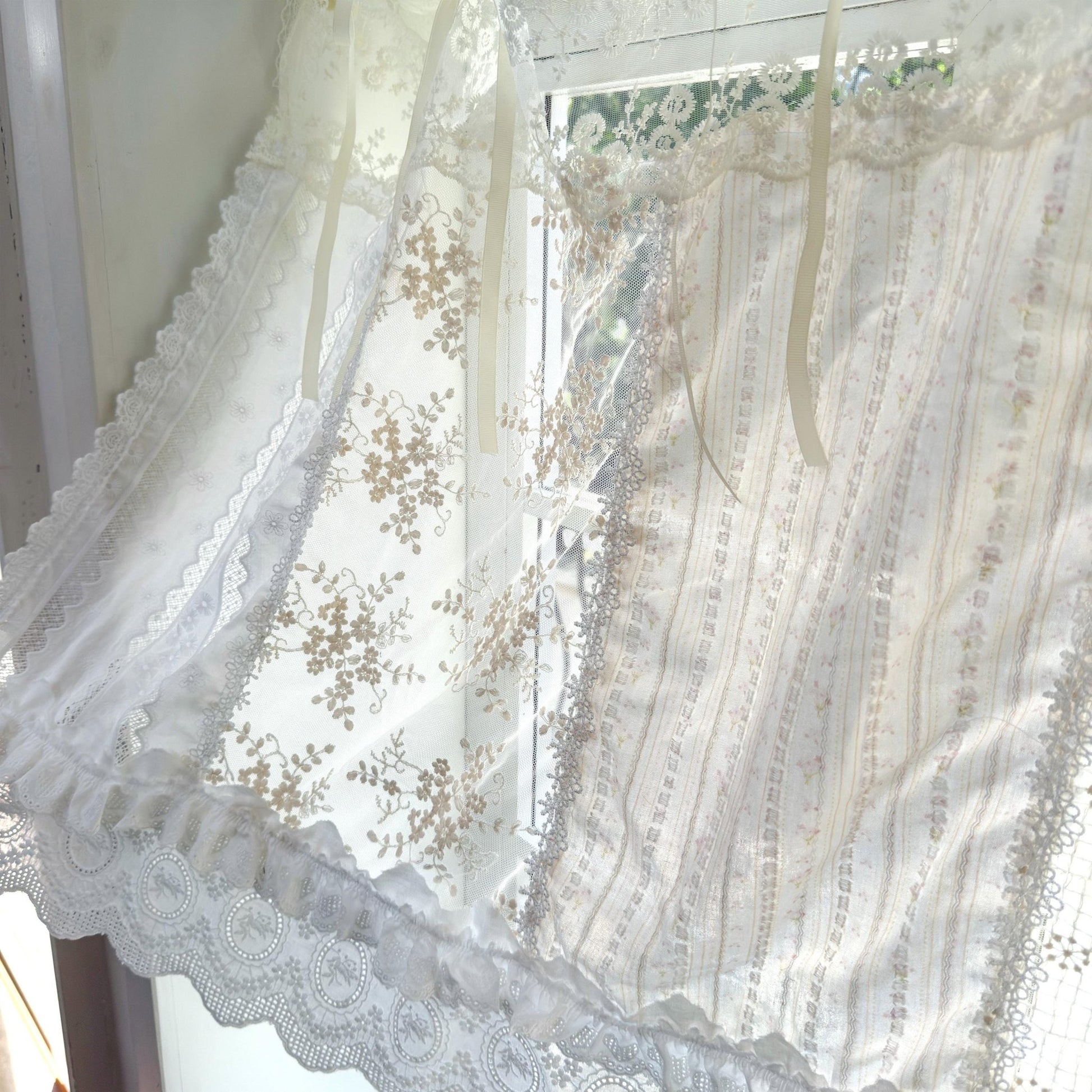 Romantic White Ivory Begie Patchwork Flowers Lace Curtain - UDreamHome