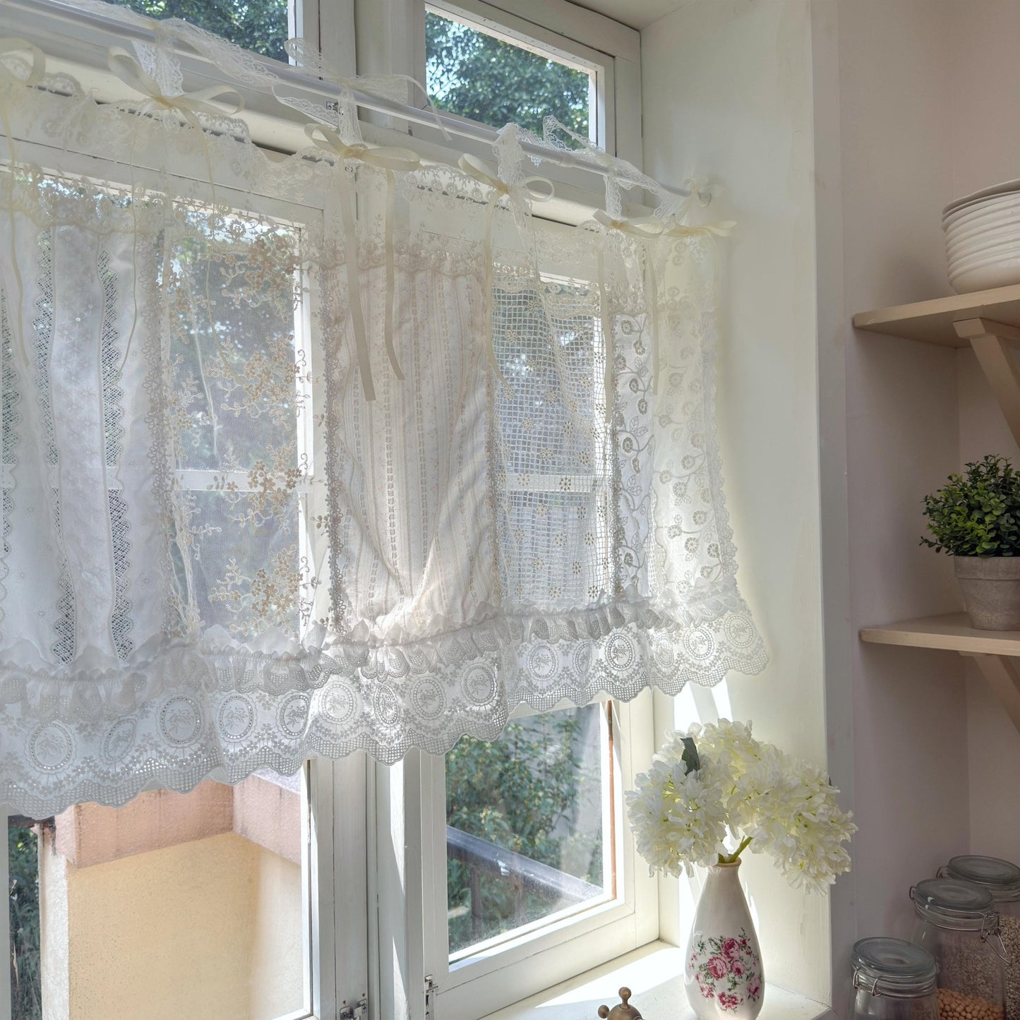 Romantic White Ivory Begie Patchwork Flowers Lace Curtain - UDreamHome
