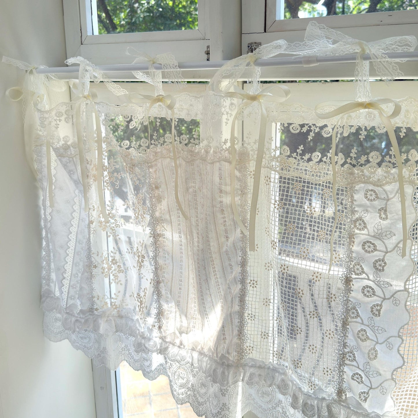 Romantic White Ivory Begie Patchwork Flowers Lace Curtain - UDreamHome