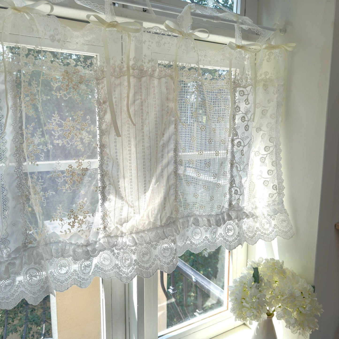 Romantic White Ivory Begie Patchwork Flowers Lace Curtain - UDreamHome