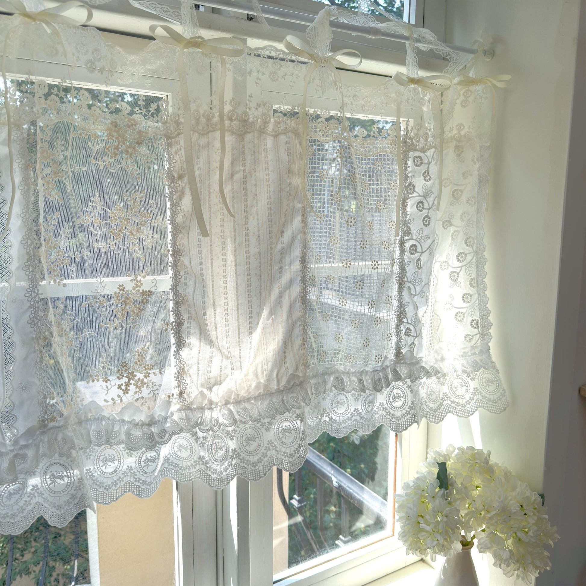 Romantic White Ivory Begie Patchwork Flowers Lace Curtain - UDreamHome