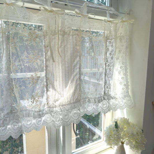 Romantic White Ivory Begie Patchwork Flowers Lace Curtain - UDreamHome