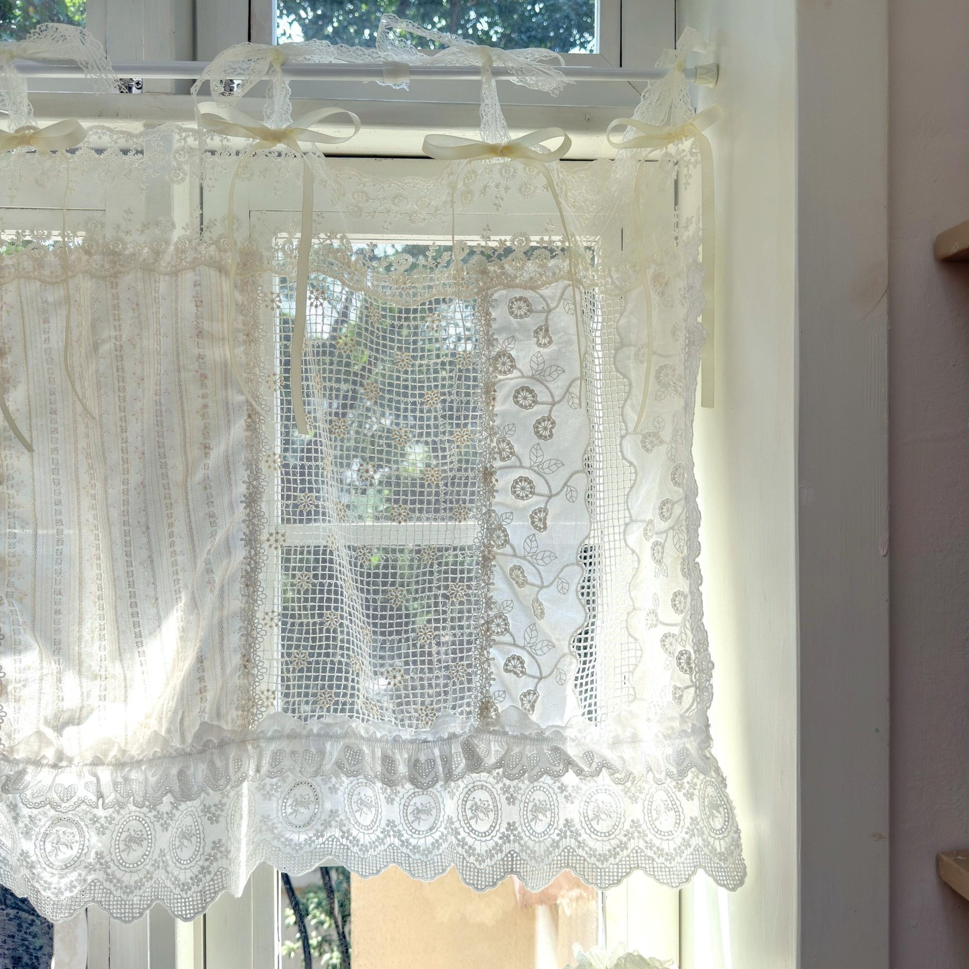 Romantic White Ivory Begie Patchwork Flowers Lace Curtain - UDreamHome