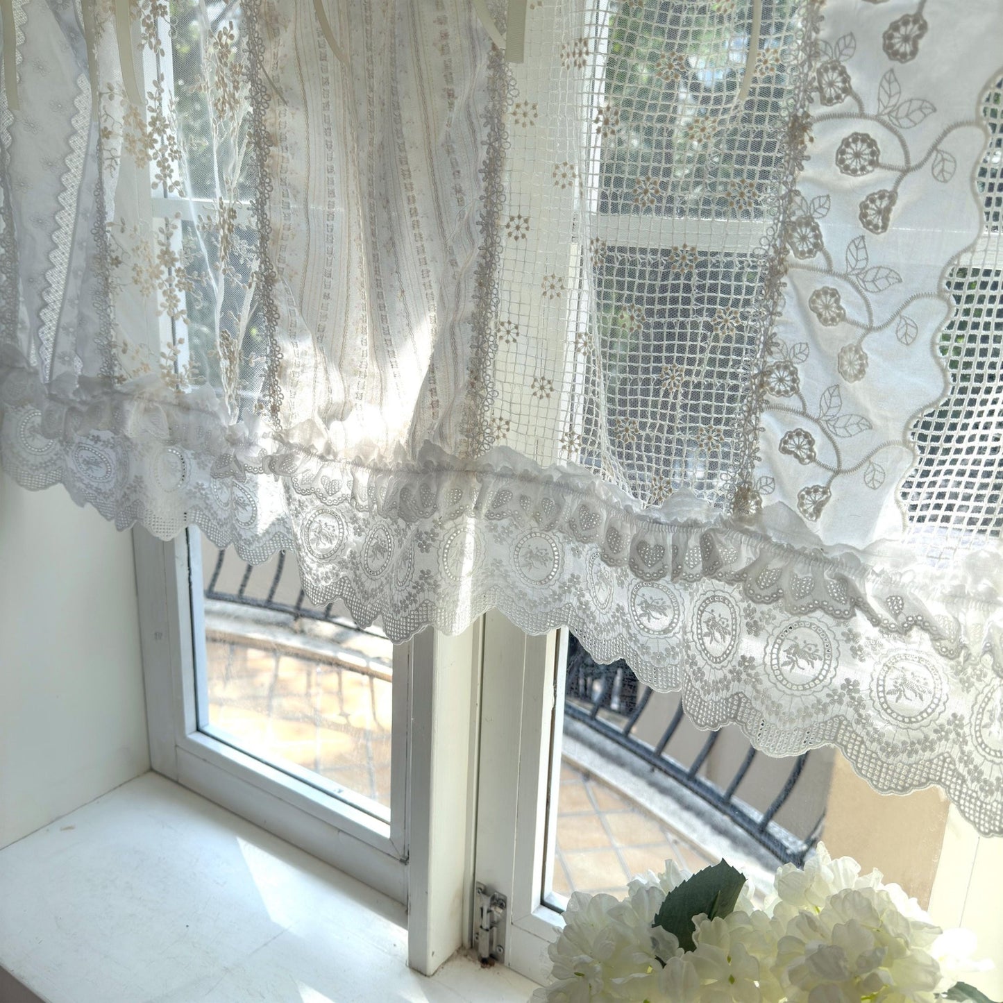 Romantic White Ivory Begie Patchwork Flowers Lace Curtain - UDreamHome