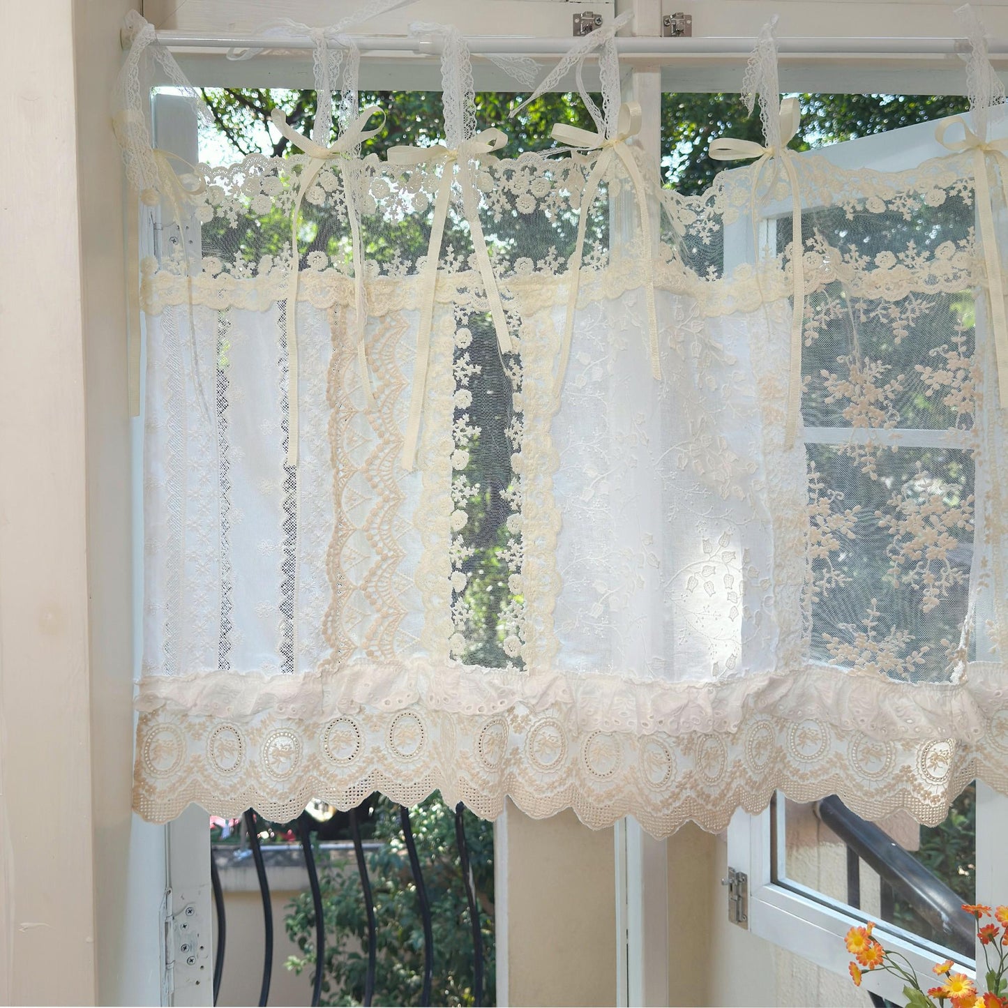 Romantic White Ivory Begie Patchwork Lace Curtain - UDreamHome