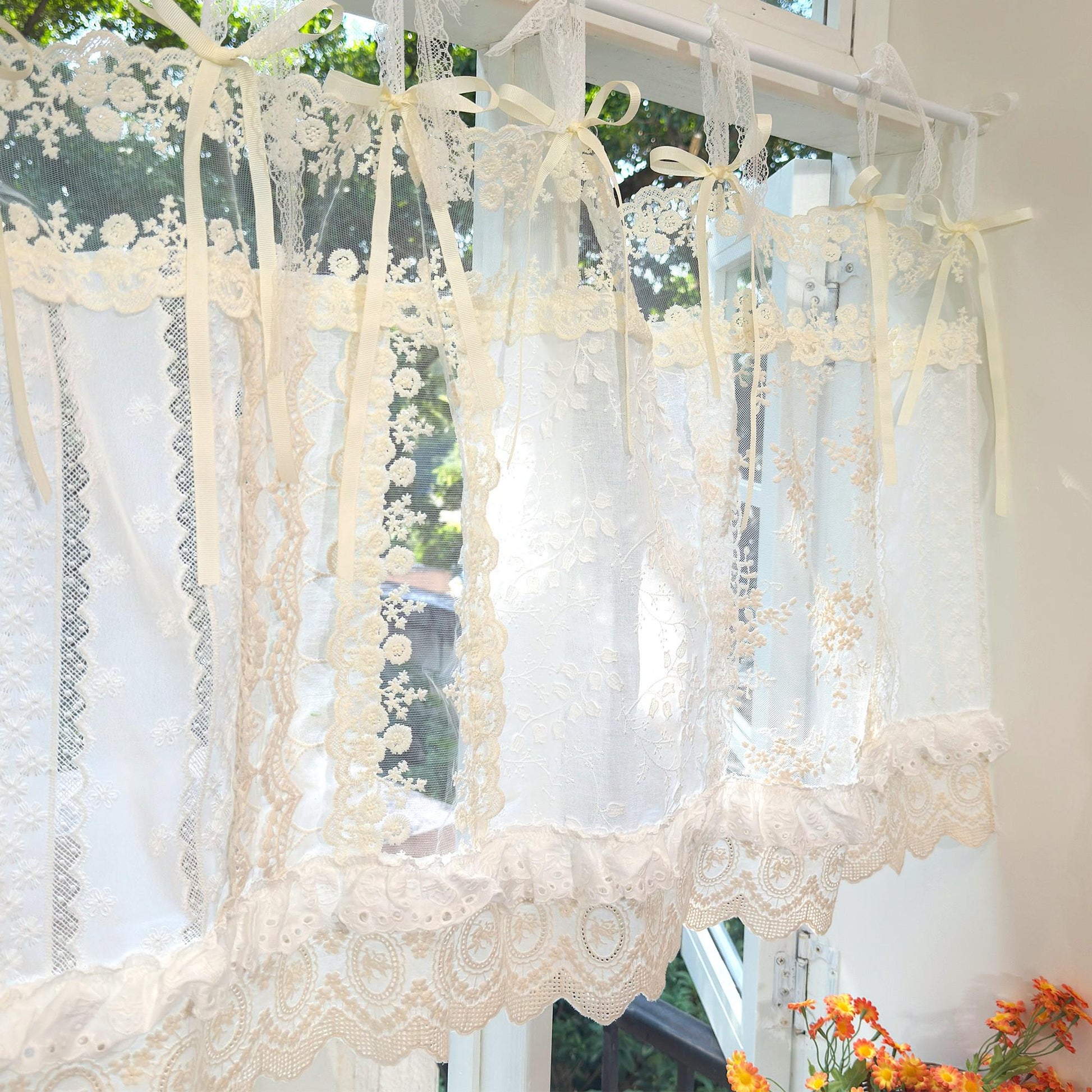 Romantic White Ivory Begie Patchwork Lace Curtain - UDreamHome