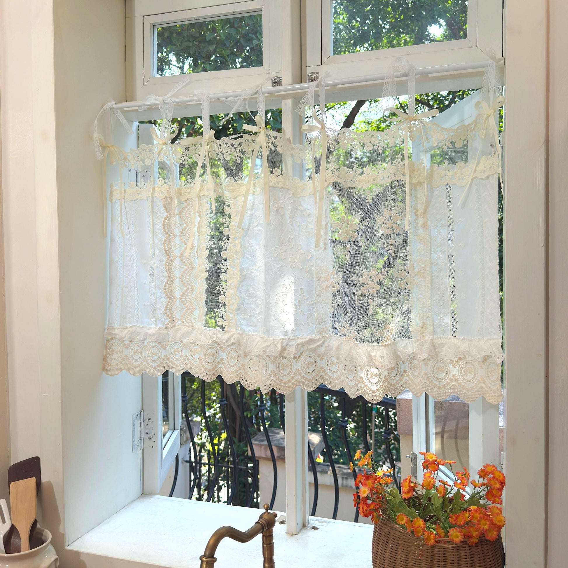Romantic White Ivory Begie Patchwork Lace Curtain - UDreamHome
