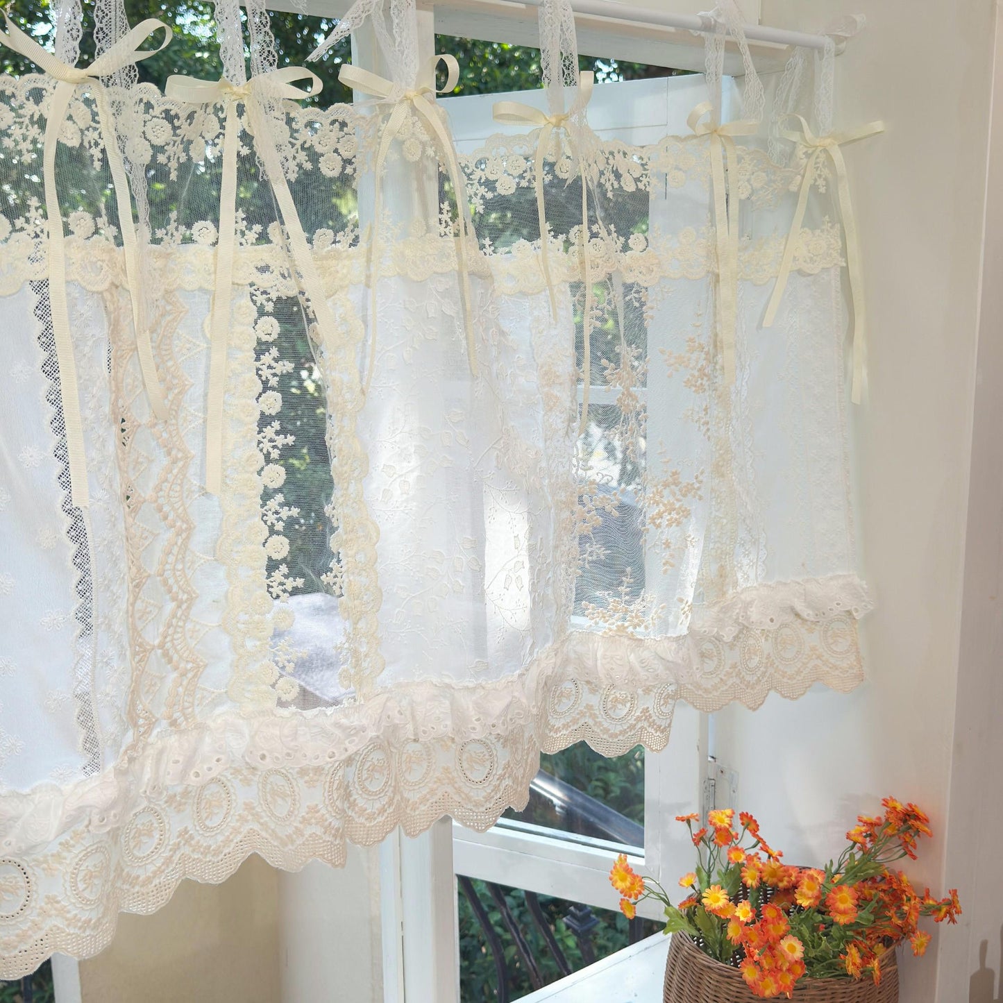 Romantic White Ivory Begie Patchwork Lace Curtain - UDreamHome