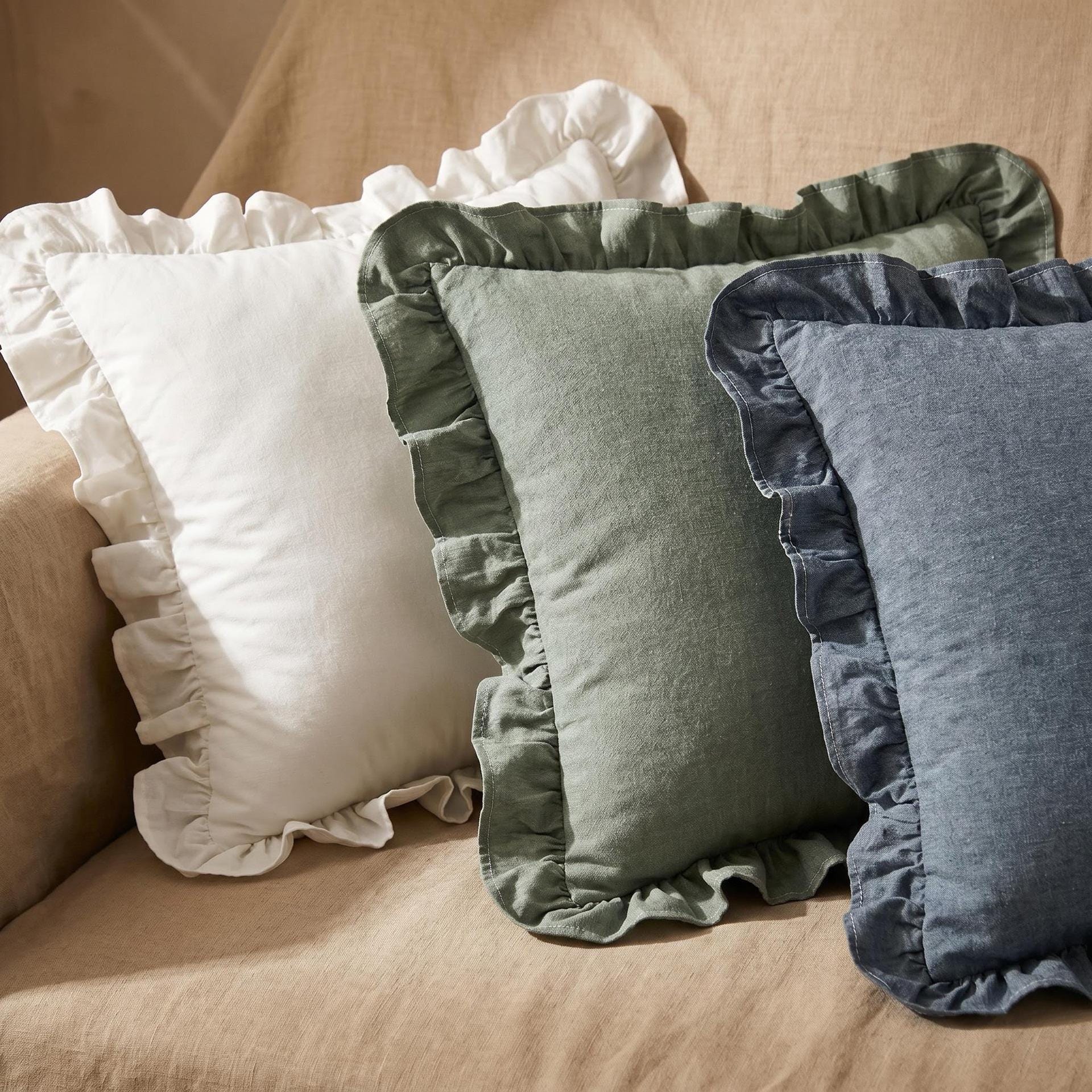Ruffle Washed Cotton Pillow Cover with Zipper Closure, Custom Pillowcases, All-Sided Ruffled, Farmhouse Cottagecore Decor, Custom Sizes - UDreamHome