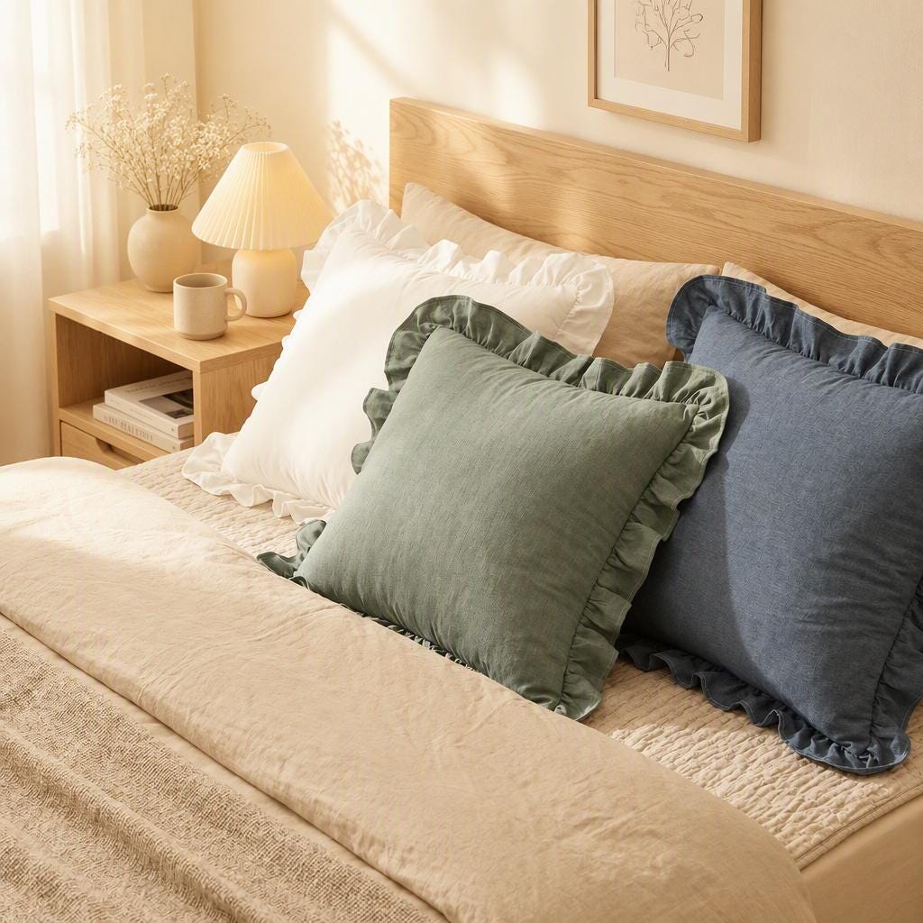 Ruffle Washed Cotton Pillow Cover with Zipper Closure, Custom Pillowcases, All-Sided Ruffled, Farmhouse Cottagecore Decor, Custom Sizes - UDreamHome