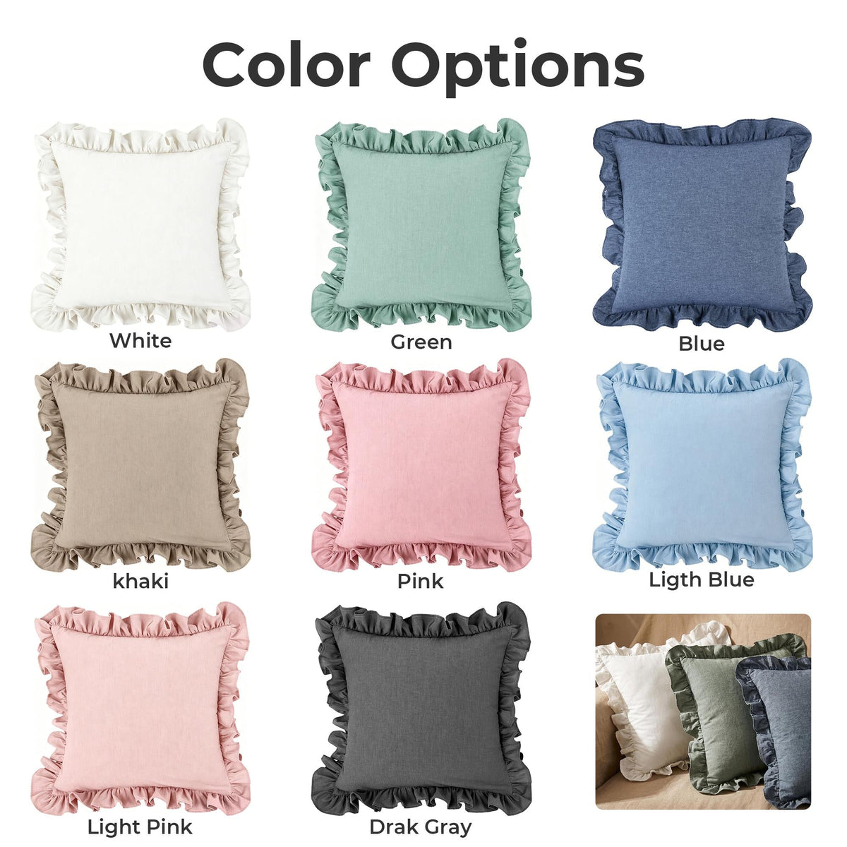 Ruffle Washed Cotton Pillow Cover with Zipper Closure, Custom Pillowcases, All-Sided Ruffled, Farmhouse Cottagecore Decor, Custom Sizes - UDreamHome