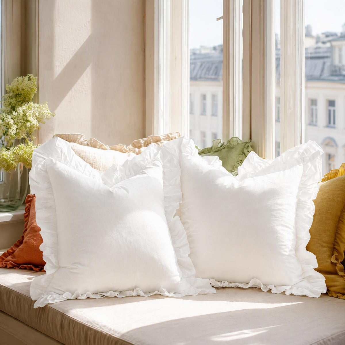 Ruffle Washed Cotton Pillow Cover with Zipper Closure, Custom Pillowcases, All-Sided Ruffled, Farmhouse Cottagecore Decor, Custom Sizes - UDreamHome