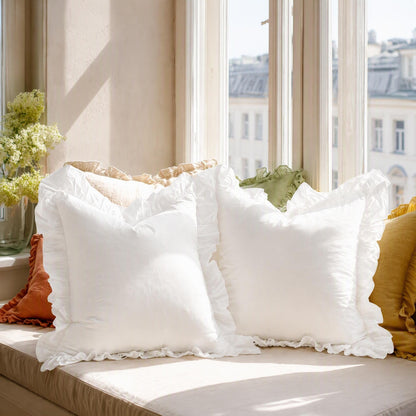 Ruffle Washed Cotton Pillow Cover with Zipper Closure, Custom Pillowcases, All-Sided Ruffled, Farmhouse Cottagecore Decor, Custom Sizes - UDreamHome