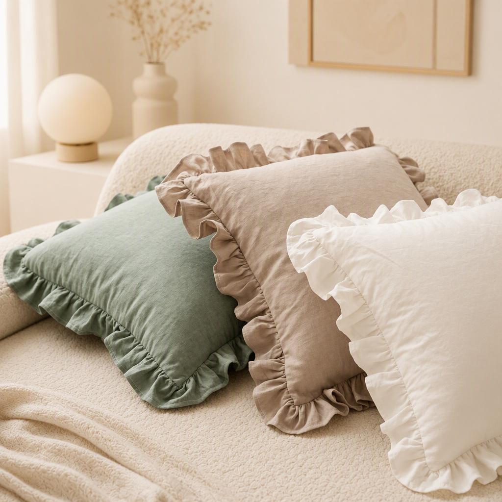 Ruffle Washed Cotton Pillow Cover with Zipper Closure, Custom Pillowcases, All-Sided Ruffled, Farmhouse Cottagecore Decor, Custom Sizes - UDreamHome