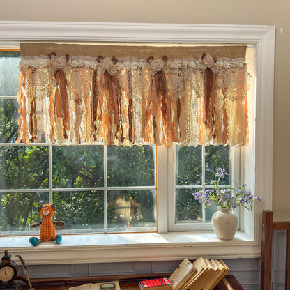 Rustic Burlap Beige Brown Lace Bedroom Valance - UDreamHome