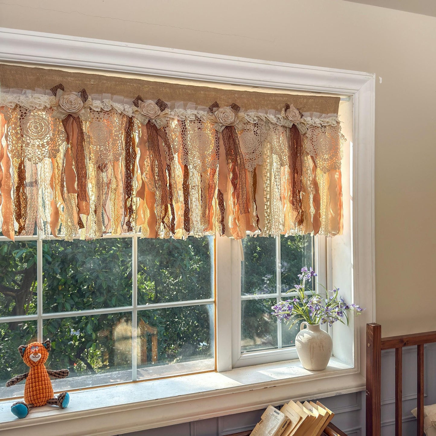 Rustic Burlap Beige Brown Lace Bedroom Valance - UDreamHome