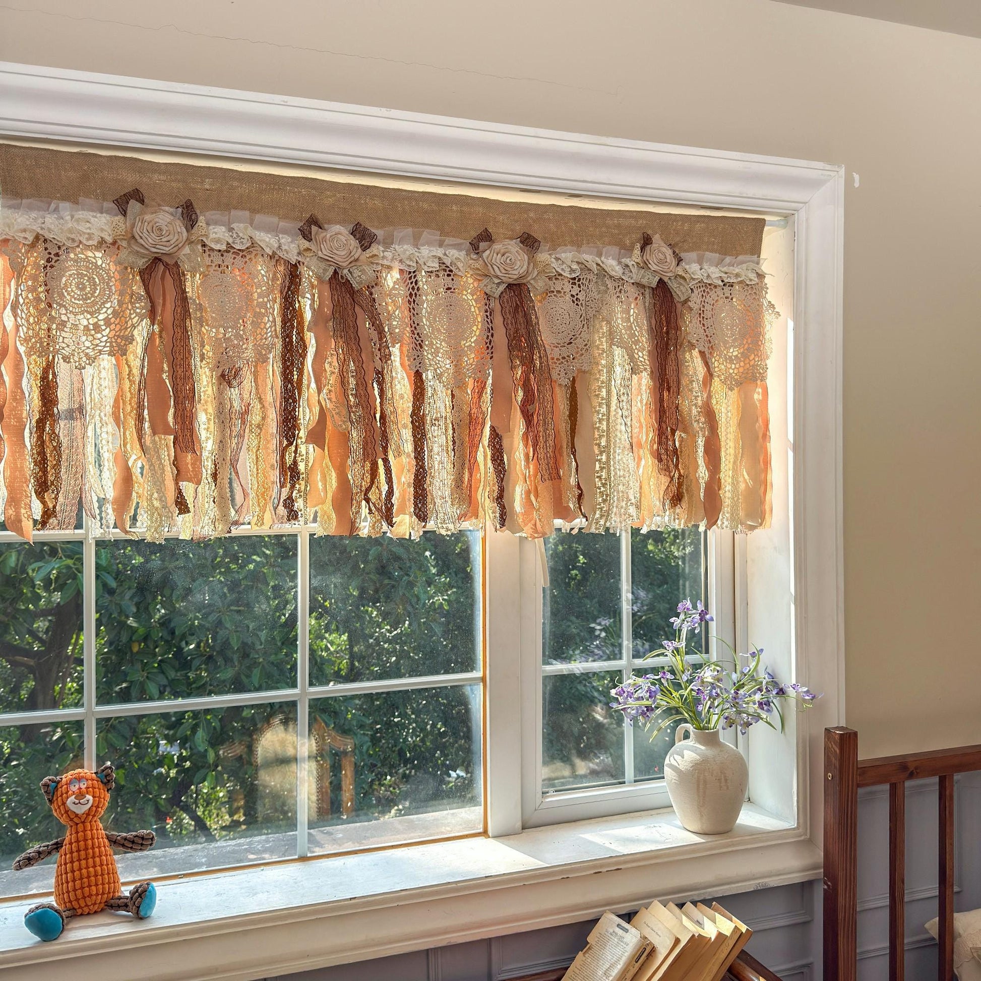 Rustic Burlap Beige Brown Lace Bedroom Valance - UDreamHome